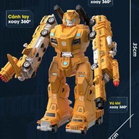Mô hình Robot biến hình màu vàng công trình cỡ lớn (Kích thước: 22 x 15 x 35 cm). Sản phẩm sở hữu thiết kế độc đáo ghép từ các chi tiết xe cơ giới, tích hợp tính năng xoay 360° linh hoạt ở cả phần đầu, cánh tay và vũ khí, mang lại trải nghiệm chơi sống động và chân thực cho bé.